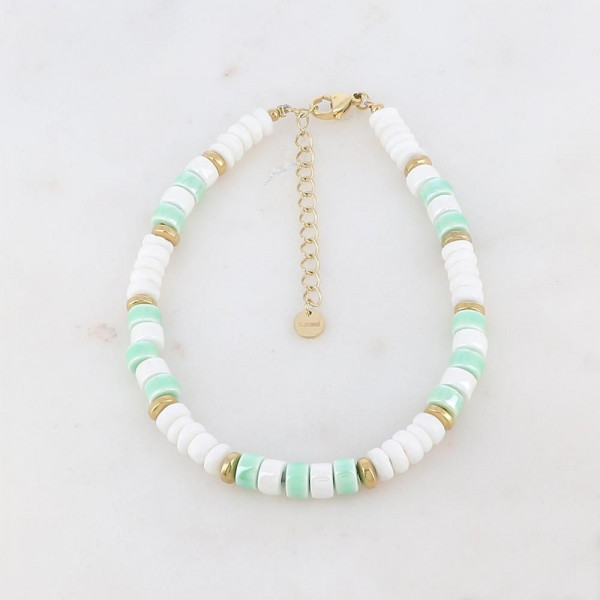 Bracelet de cheville perles blanc/vert - Ikita