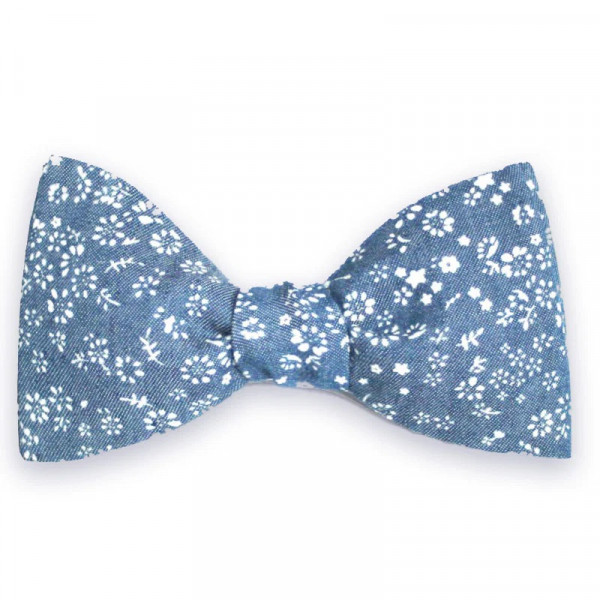 Noeud Papillon bleu turquin chambray fleuri - Le Coq en Pap