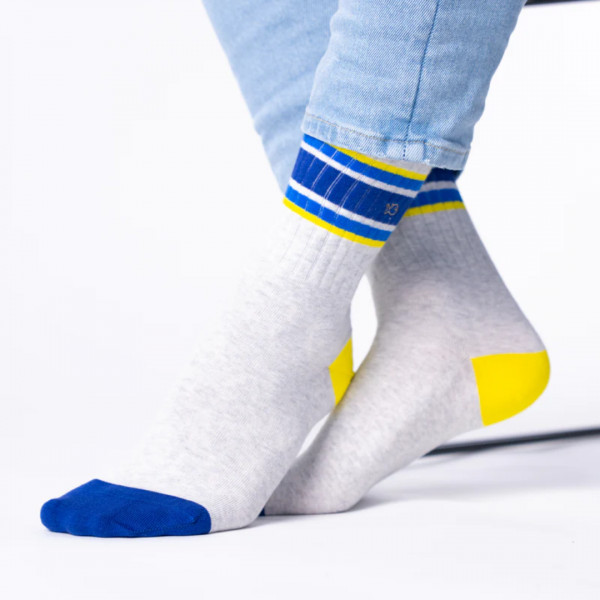 Chaussettes rétro gris chiné, rayé bleu et jaune - Billybelt