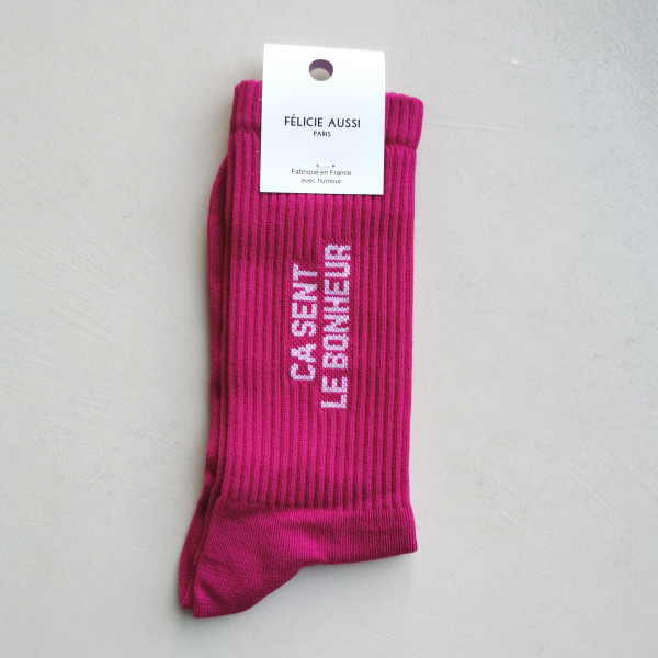Chaussettes "Ca sent le bonheur" framboise- Félicie Aussi
