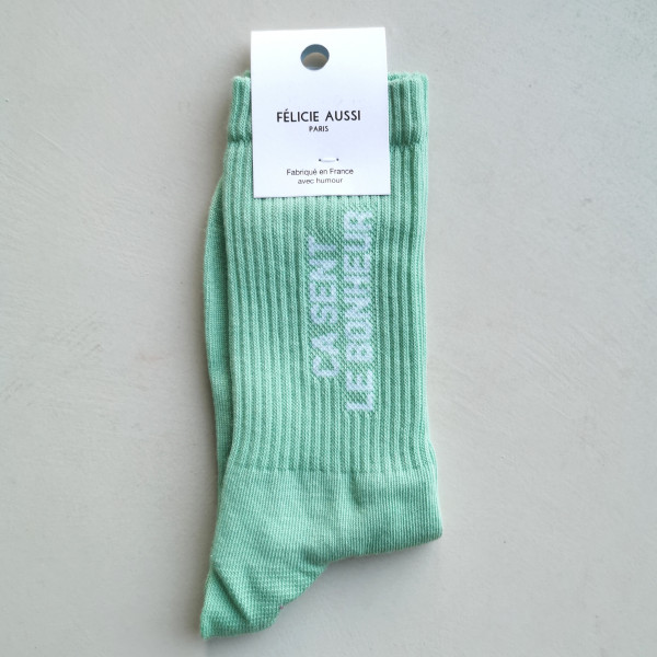 Chaussettes Ca sent le bonheur vert pâle - Félicie Aussi