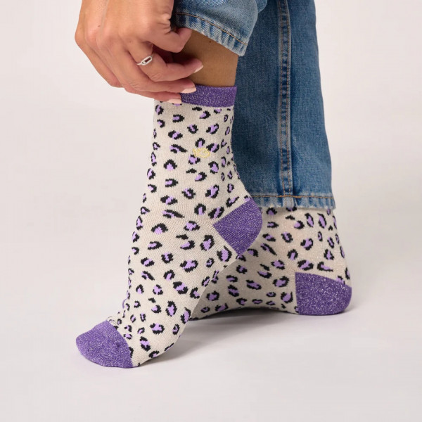 Chaussettes léopard pailletées écru et violet - Billybelt