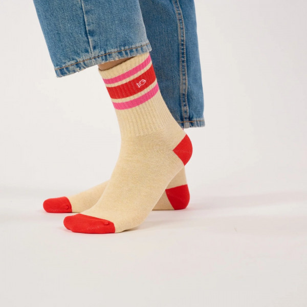 Chaussettes tennis beige rayé rouge et rose  - Billybelt