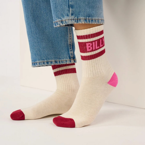 Chaussettes tennis écru, rayure bordeaux - Billybelt