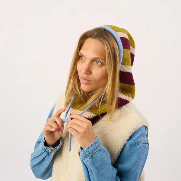 Cagoule en laine rayée olive et lie de vin - Billybelt